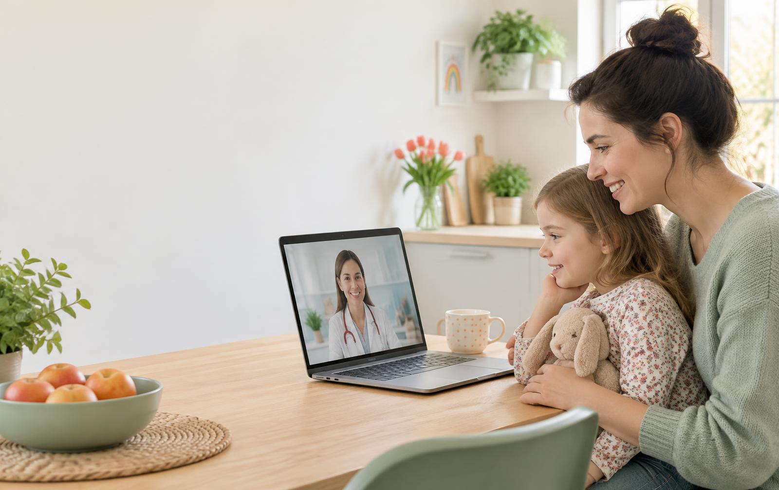 Une maman et son enfant échangent avec une pédiatre en consultation vidéo